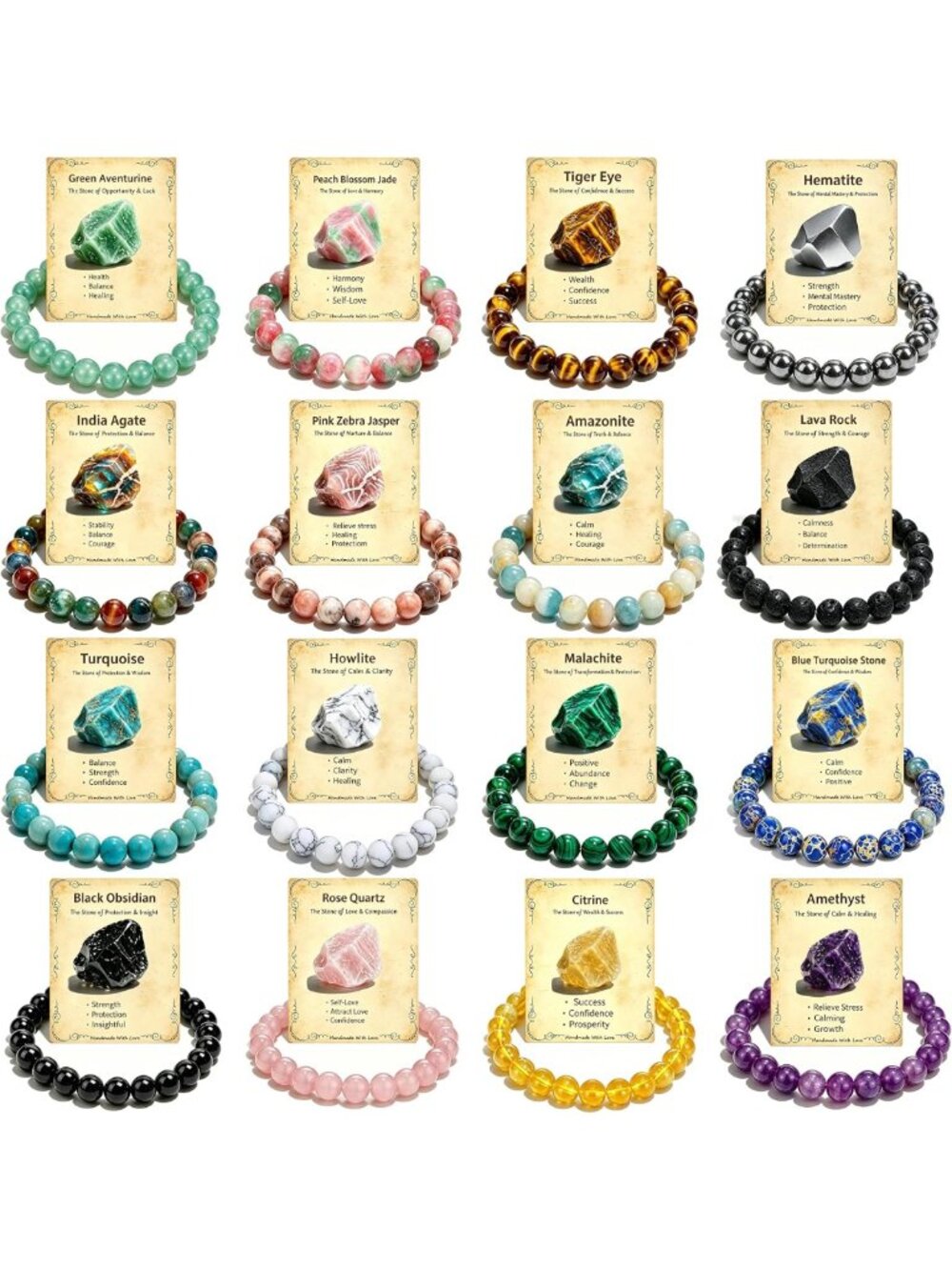 16 Pcs 8mm Natural Stone Beaded Healing Bracelets for Women & Men - Wellness